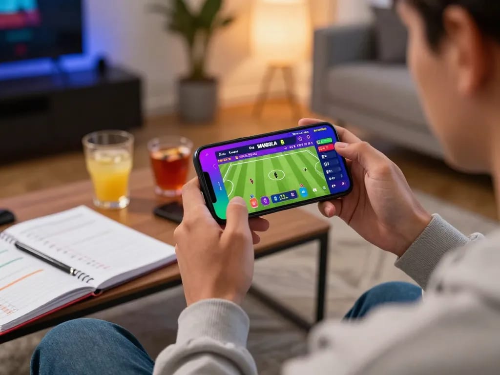 WWBOLA user engaged in soccer betting on a smartphone in a cozy home environment.