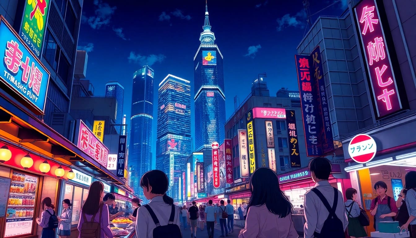 Menikmati suasana malam kota Tokyo di starjepang dengan cahaya neon yang cerah.