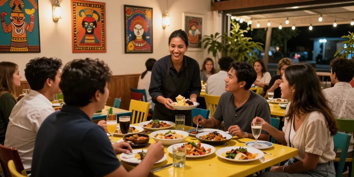 Pengalaman kuliner moshimoshimambo.com dengan suasana restoran yang ramai dan hidangan internasional menggugah selera.