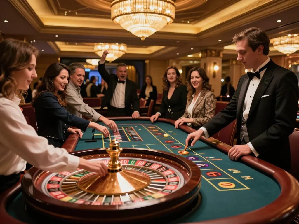 IDNSCORE players engaging and betting at a lively roulette table in an upscale casino.