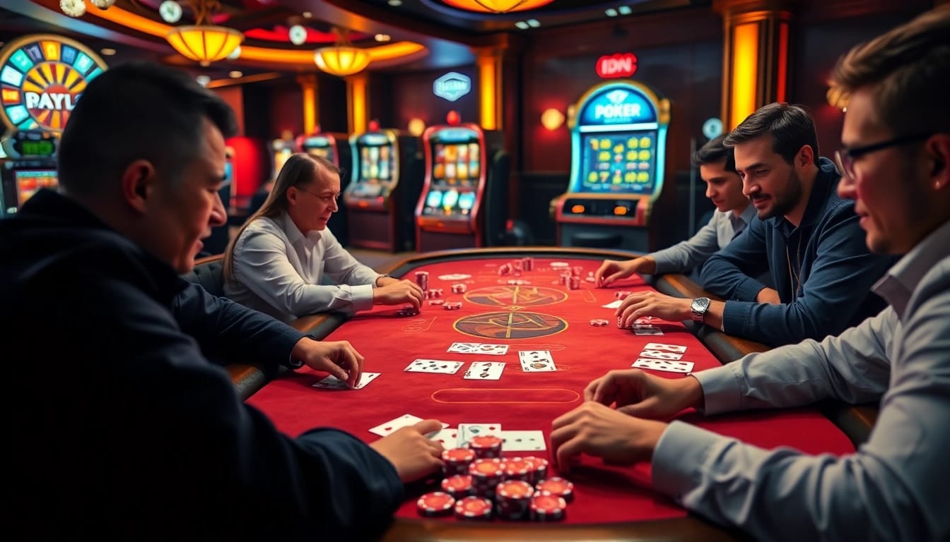 Exciting IDN Poker online scene showcasing vibrant gameplay with chips, cards, and casino ambiance.