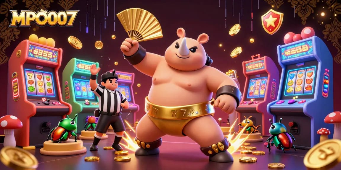 MPO007 engages players with vibrant slot machines in a lively casino atmosphere, showcasing a dynamic beetle sumo champ.