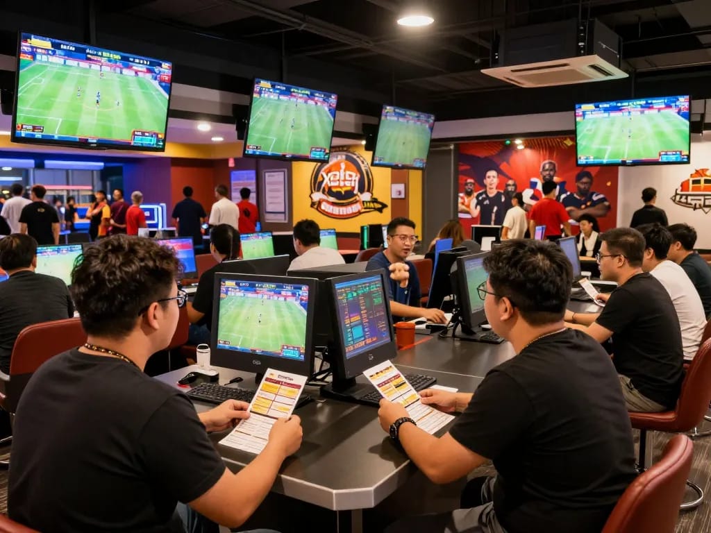 Xoilac sports betting enthusiasts engaged in lively bets during crucial matches in a modern lounge atmosphere.