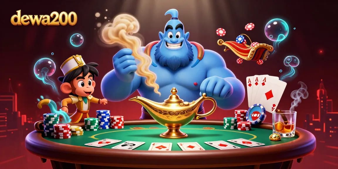 Menghadirkan dewa200, ilustrasi kasino kartun 3D yang penuh warna dan detail memukau dengan elemen permainan seperti meja poker dan tumpukan chip.