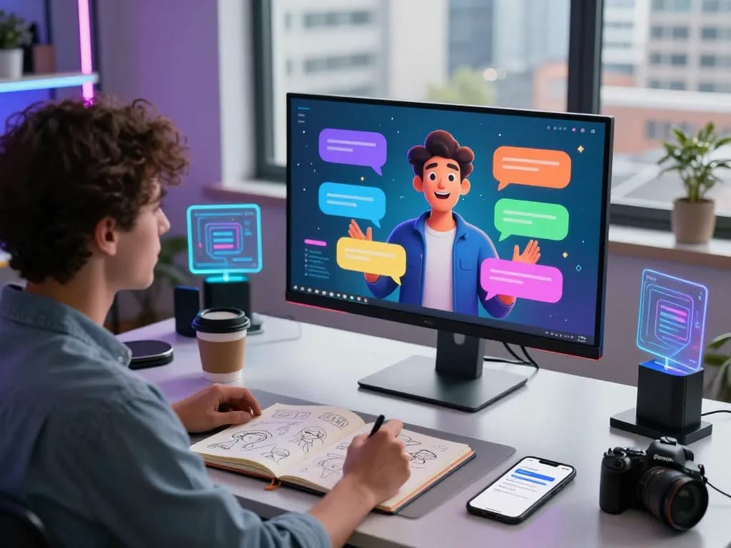 Engaged user chatting with crushonai character AI on sleek desktop, vibrant tech workspace.