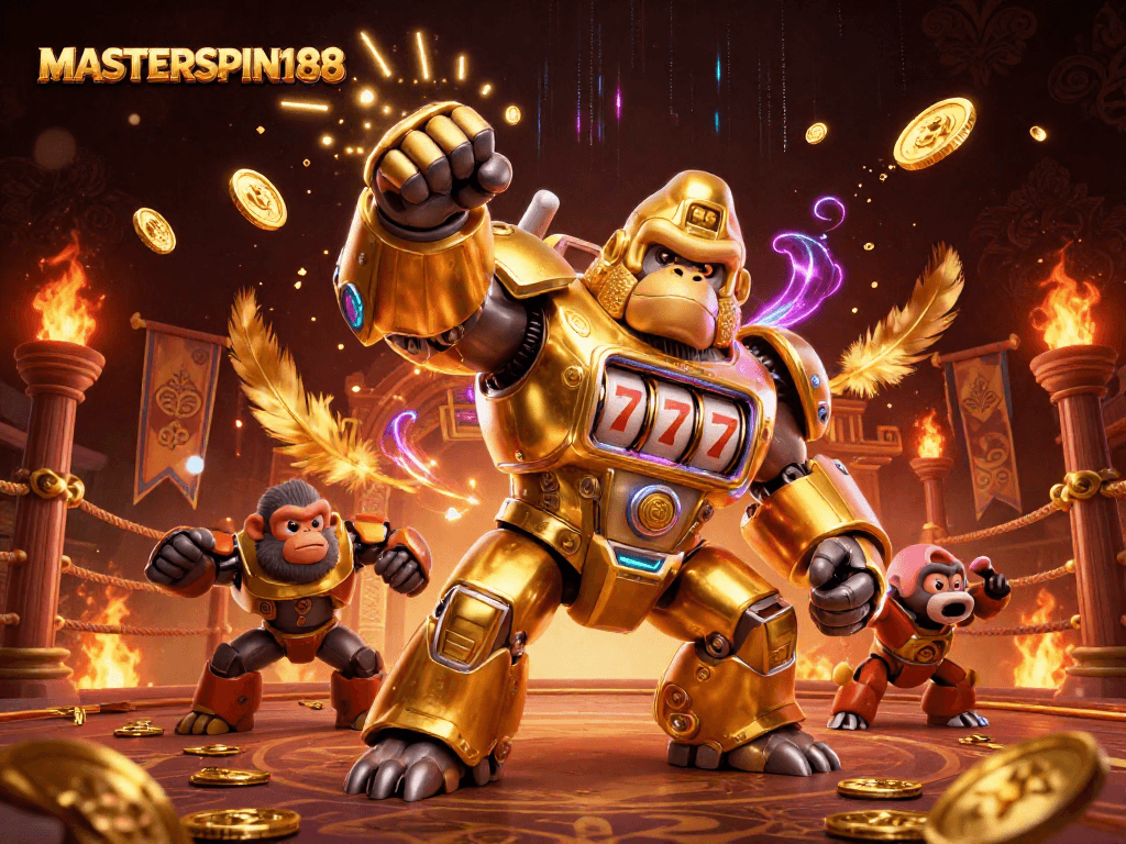 Engage with MASTERSPIN188 at the exciting casino battleground featuring a golden gorilla mech and dynamic elements.