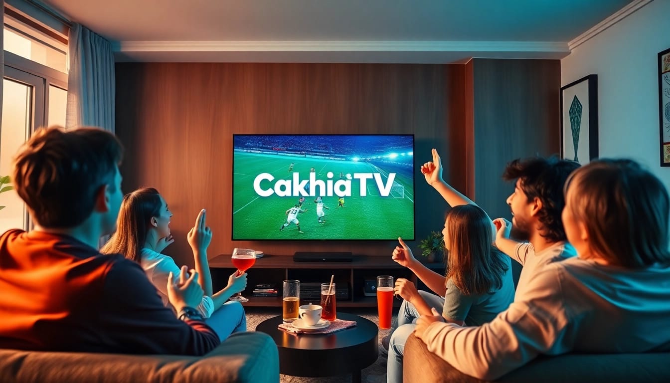 Cakhia TV trực tiếp bóng đá: Friends enjoying a live football match at home.