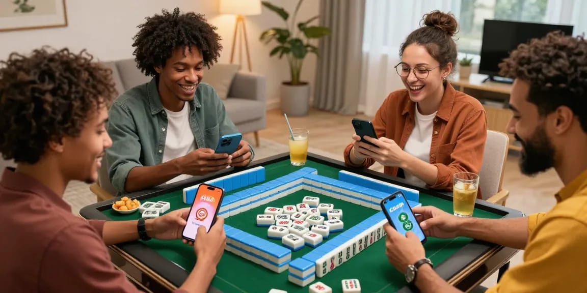 Group enjoying Mahjong online with CIKA4D app in a lively living room.