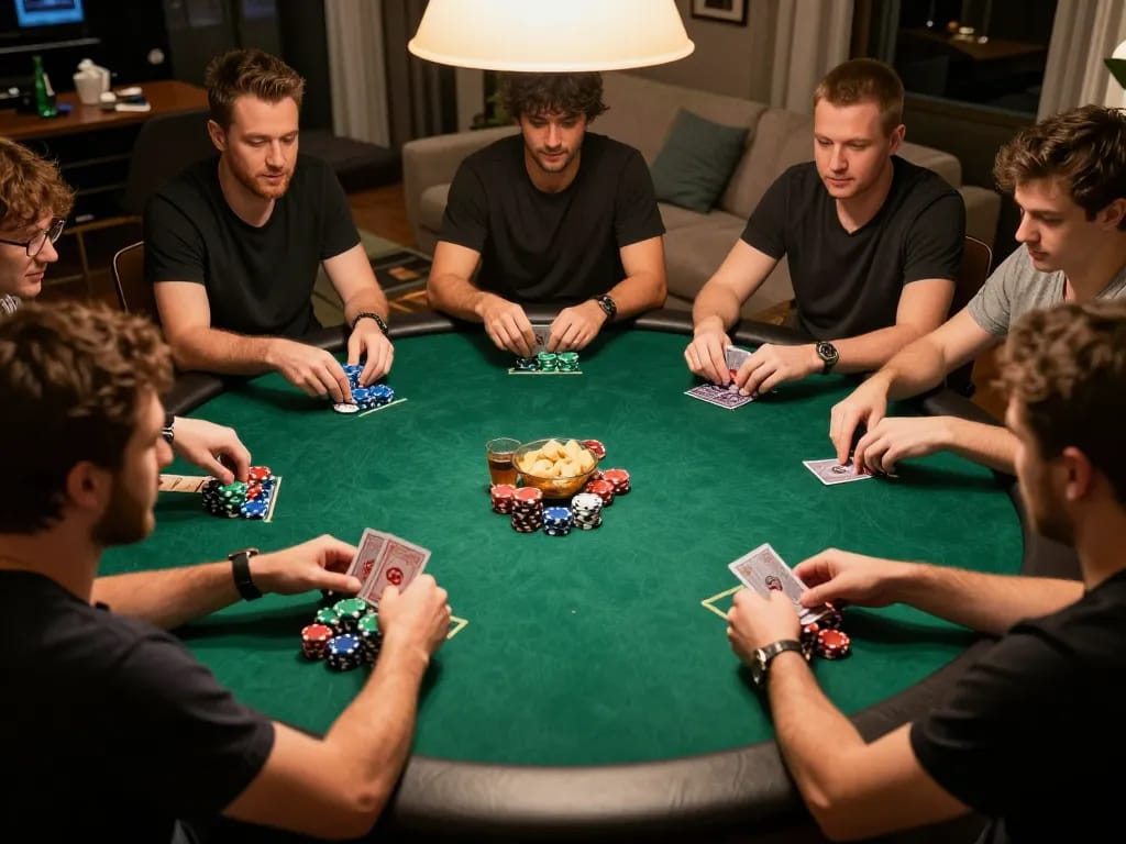 Players enjoy poker night at home, showcasing sunwin gaming atmosphere with chips, cards, and camaraderie