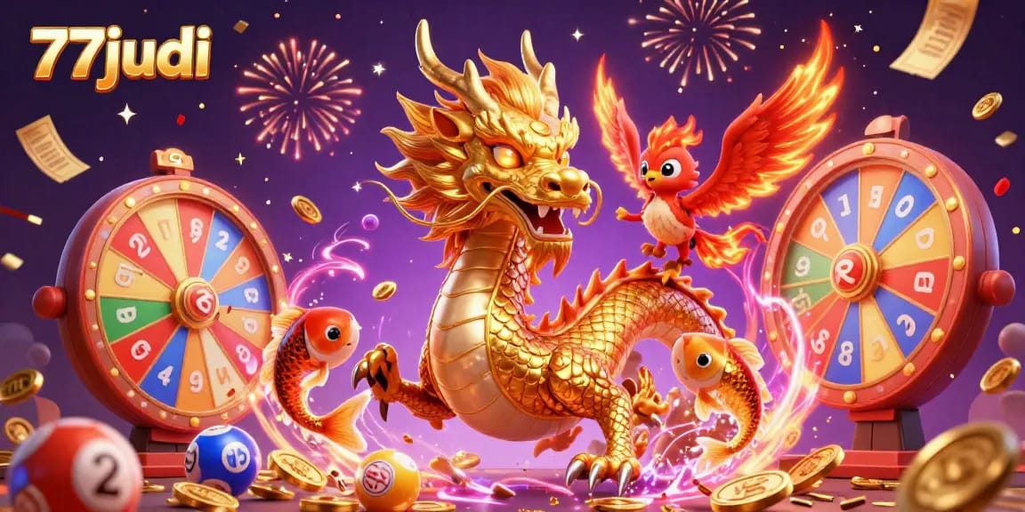 Experience the excitement at 77judi with a thrilling 3D illustration of a dragon, phoenix, and koi fish celebrating wins.
