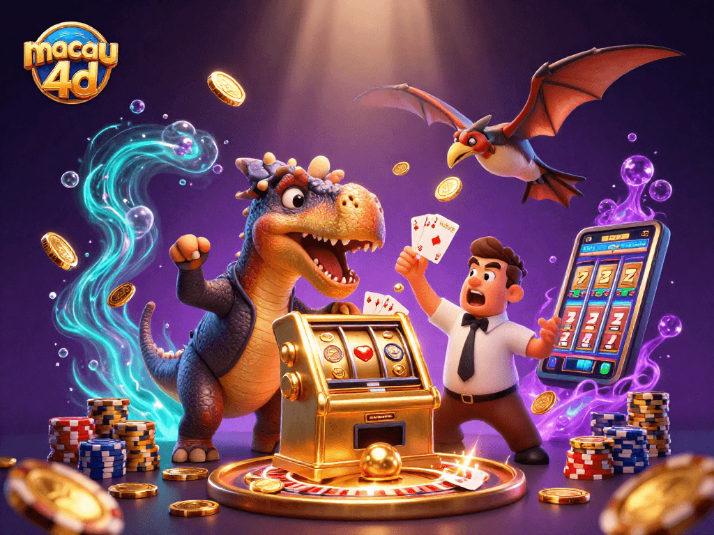 Catching treasures in macau 4d slots: a dinosaur heads towards a jackpot, amidst cascading coins and vibrant casino elements.