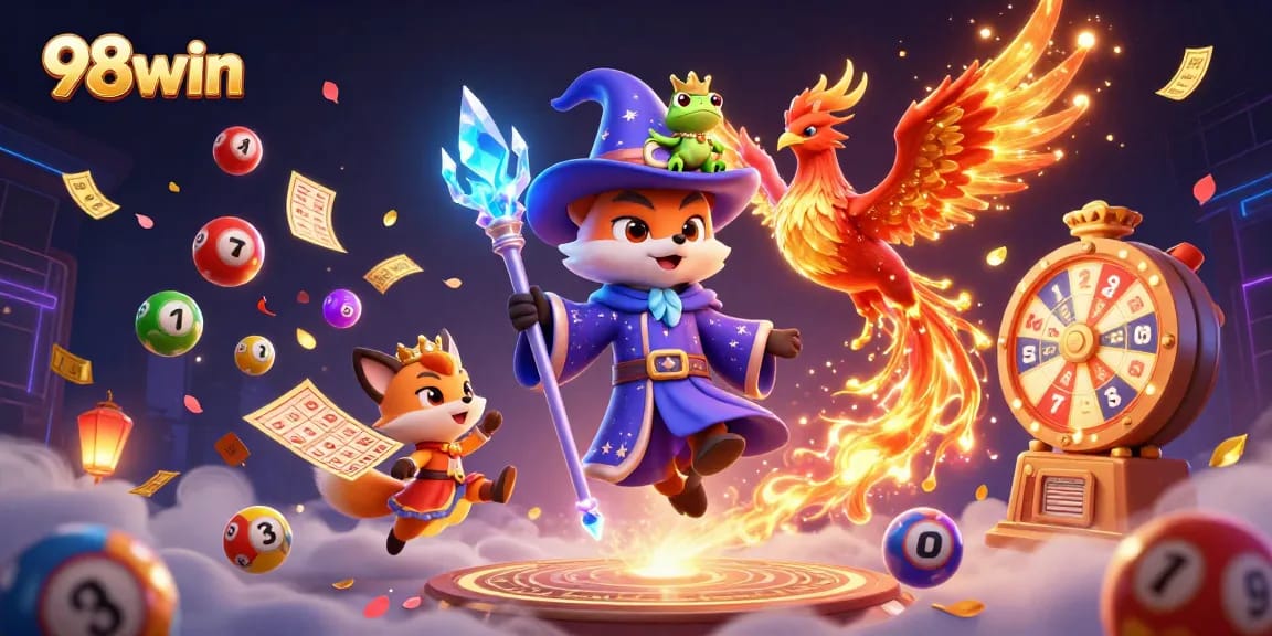 Experience thrilling gameplay with 98win’s vibrant lottery scene featuring colorful balls and magical elements.