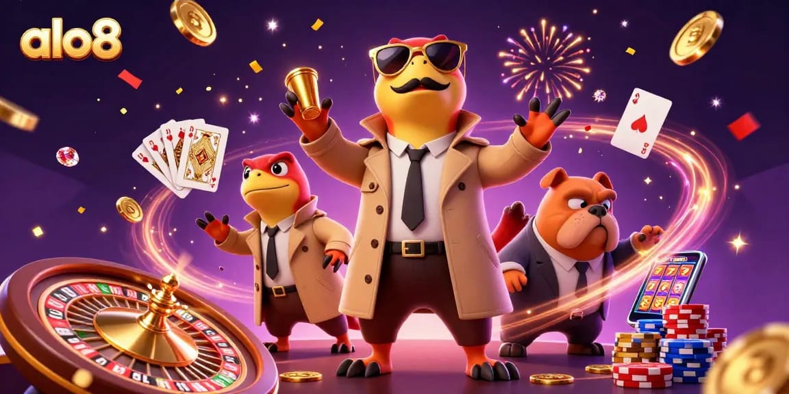 Play slots and win with alo8 in a vibrant 3D casino illustration featuring raptors and coins.