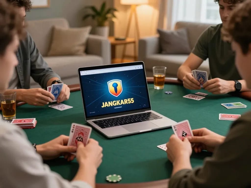 Players strategizing in an online poker game using the jangkar55 app on a cozy living room setup.