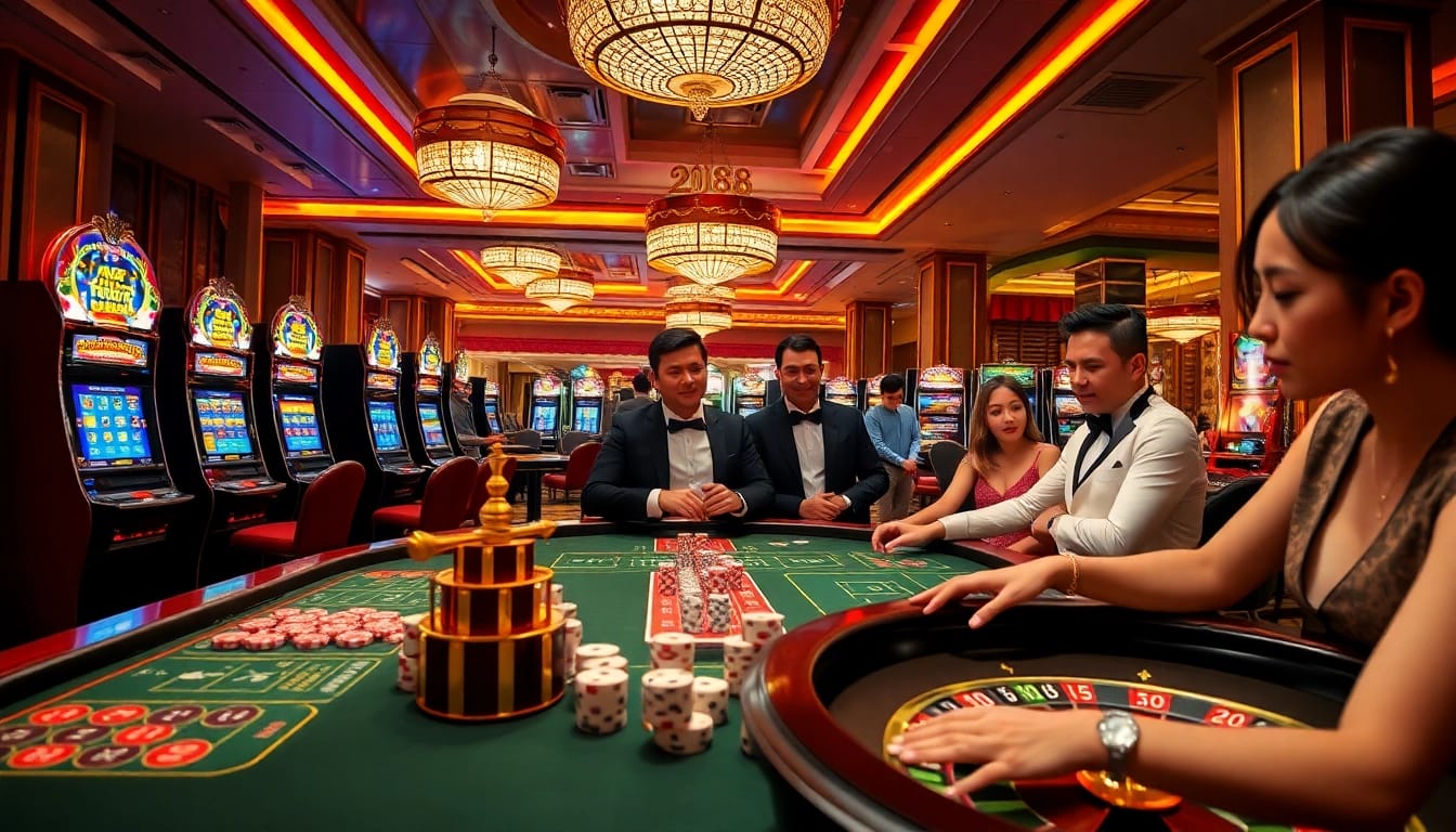 sơ đồ trang web xn88 shows an exciting casino atmosphere with players engaging in games at elegant tables.