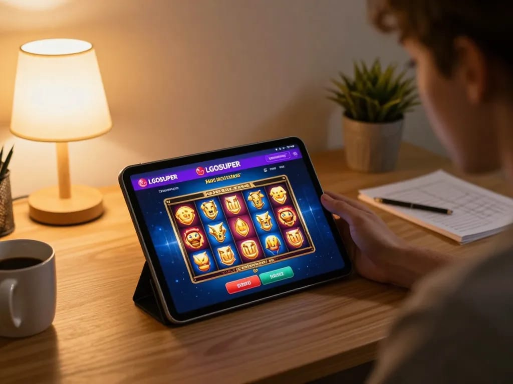 Engage with LGOSUPER's slot games on a tablet in a cozy home office with coffee and strategy notes.