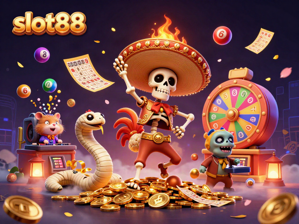 Menangkan slot88 dengan meriah, tampilkan karakter casino penuh warna dan simbol keberuntungan.