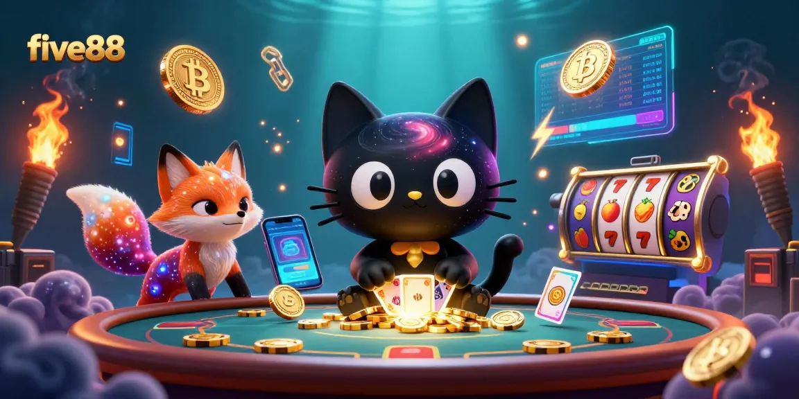 five88 showcases a cosmic casino scene with a black hole cat and colorful nebula fox playing with glowing casino elements.