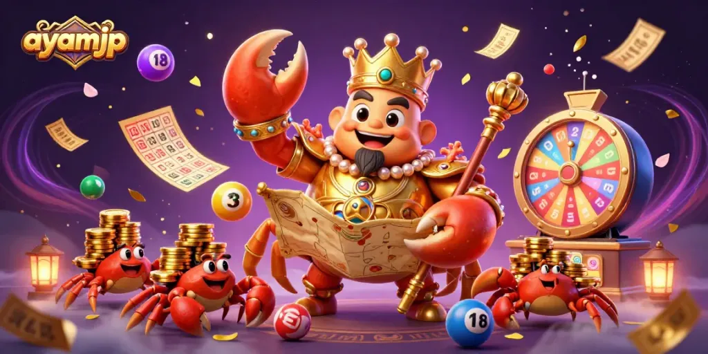 Experience thrilling gameplay with ayamjp as colorful lottery balls bounce around a golden crab emperor.