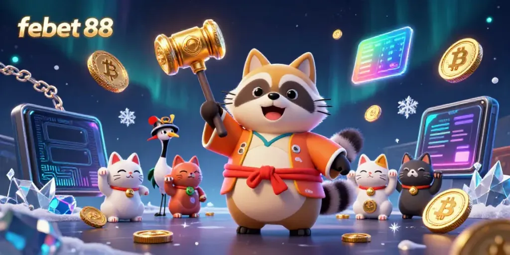 Experience gameplay excitement with febet 88, featuring a cheerful tanuki, maneki-neko cats, and vibrant crypto elements.