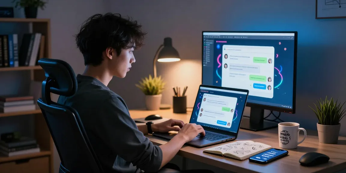 Engaging with NSFW AI chatbot in a modern home office setting, highlighting a tech enthusiast's interaction.