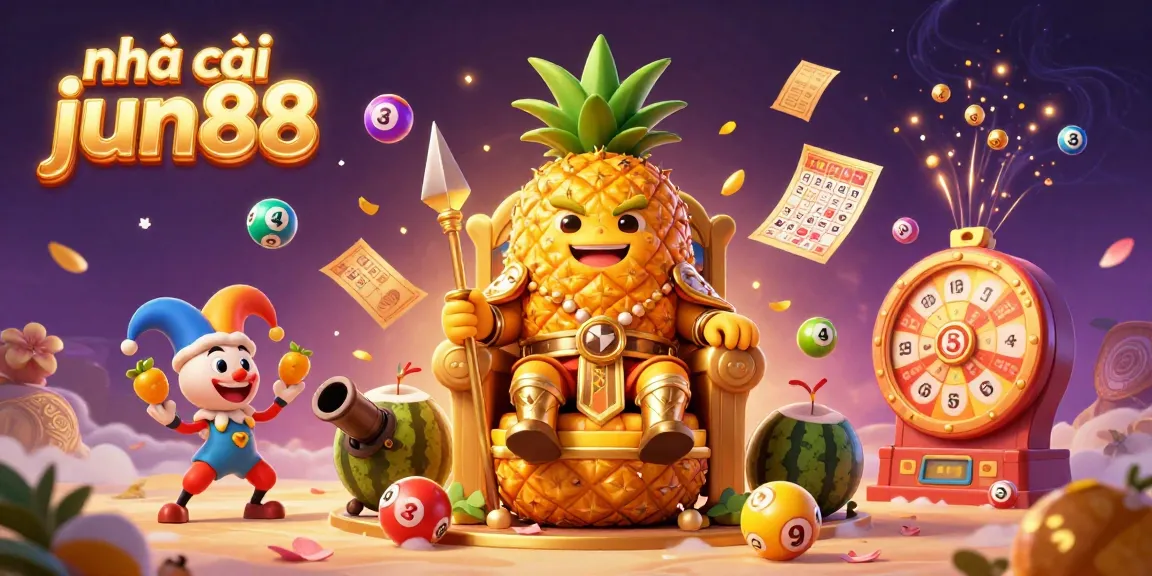 Engage in fun activities at nhà cái jun88 with a vibrant beach casino scene featuring a golden pineapple king and dynamic game elements.
