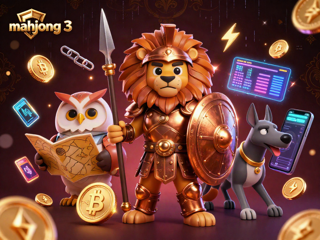 Experience mahjong 3 with a vibrant scene featuring a Spartan lion, tactical owl, and swift greyhound.