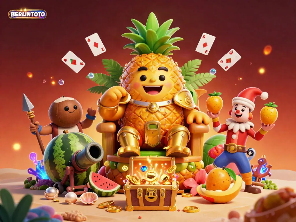Experience the excitement of BERLINTOTO with a vibrant beach casino scene featuring a pineapple king and animated characters juggled in rich detail.