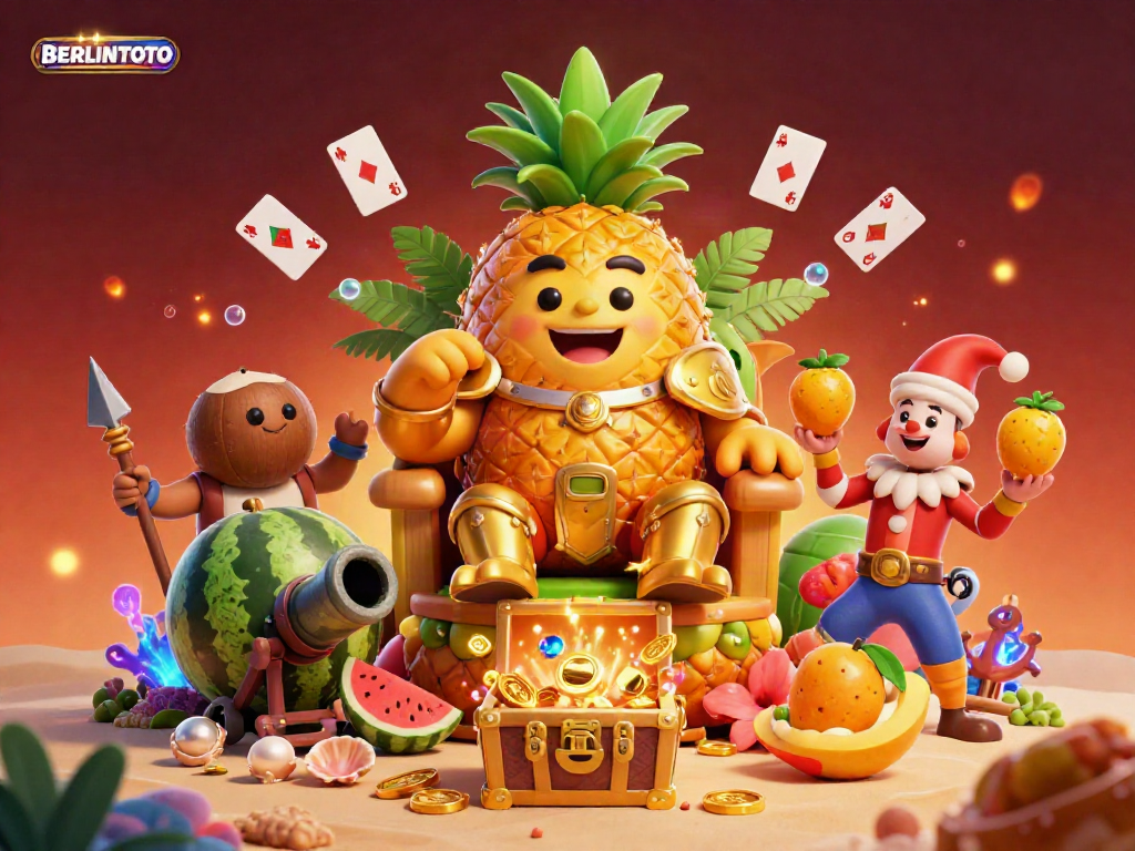 Experience the excitement of BERLINTOTO with a vibrant beach casino scene featuring a pineapple king and animated characters juggled in rich detail.