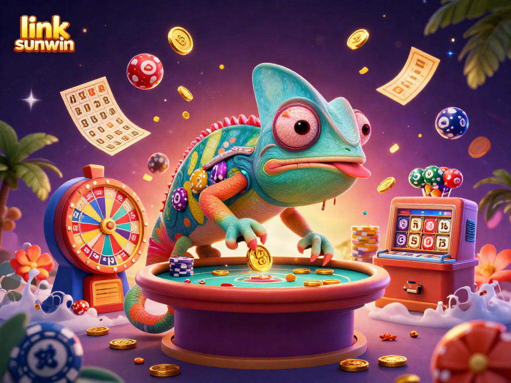 Experience thrilling action with link sunwin as vibrant gameplay elements surround a dynamic chameleon casino owner.