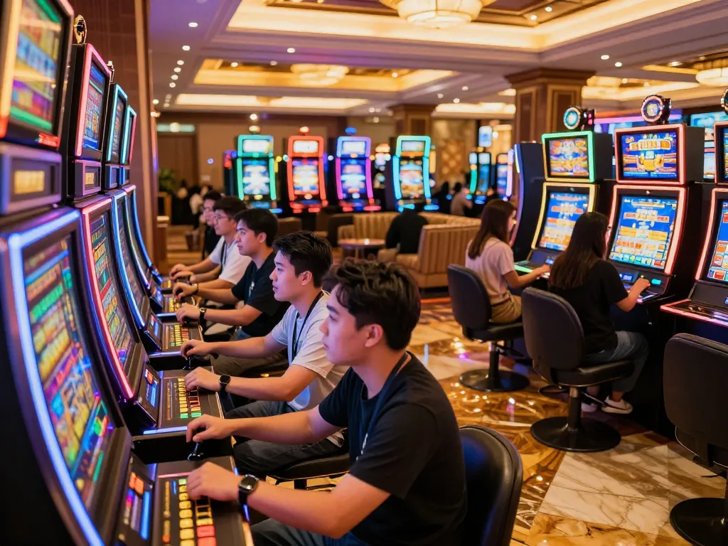 Engaging players enjoying the thrill of toto slot machines in a vibrant casino atmosphere.