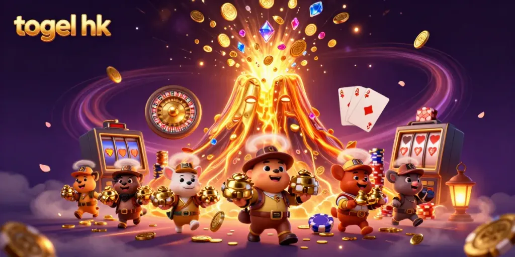 Menampilkan proses togel hk dengan karakter unik, koin emas, dan petualang berlari membawa harta