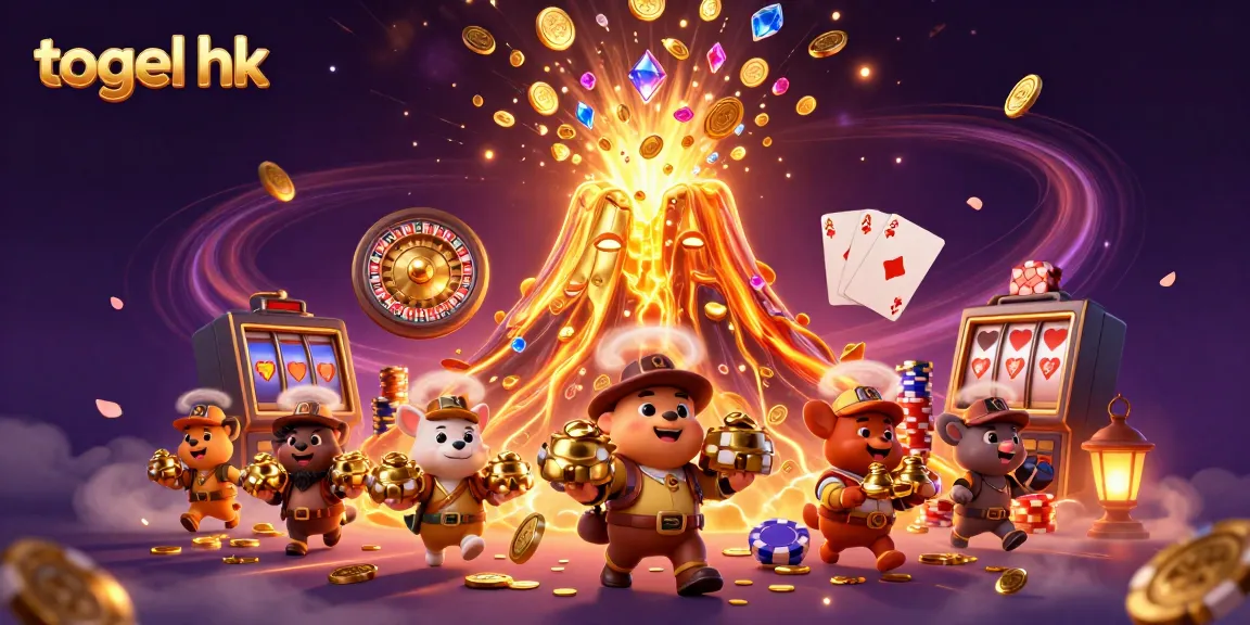 Menampilkan proses togel hk dengan karakter unik, koin emas, dan petualang berlari membawa harta