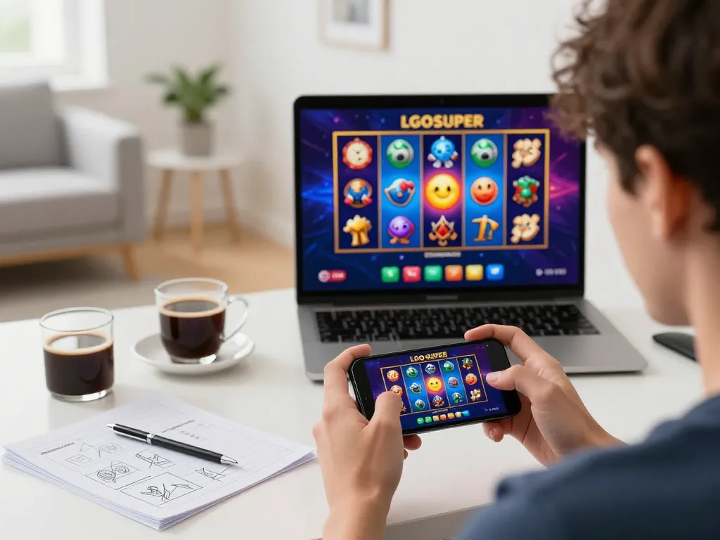 Engaging gameplay on LGOSUPER slot game through smartphone in cozy home setting.
