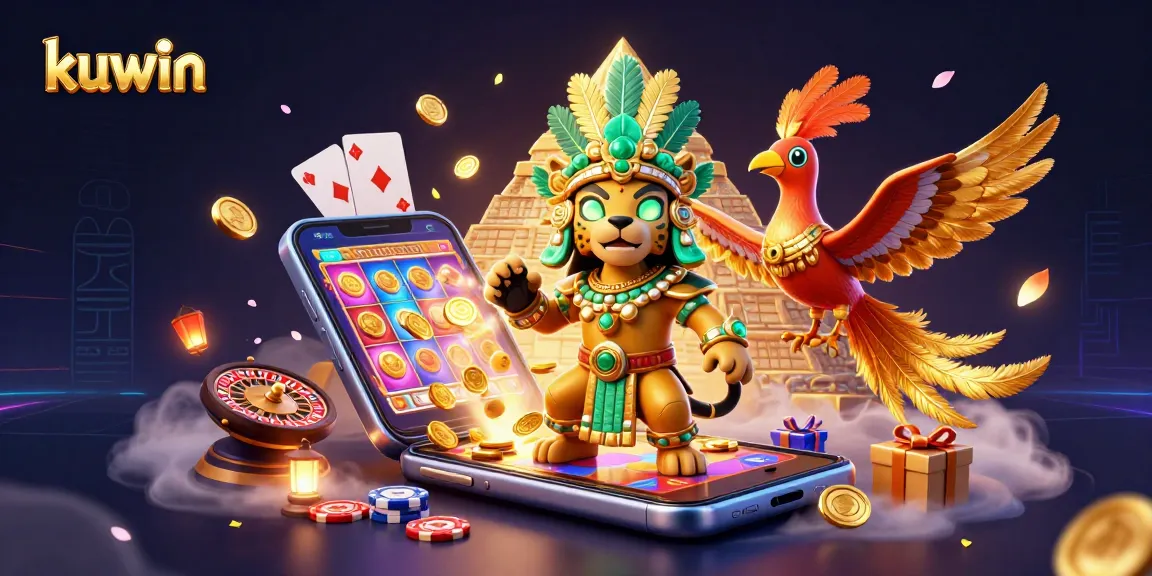 Kuwin offers thrilling gaming adventures with a dynamic scene featuring a Mayan priest and vibrant gaming elements.