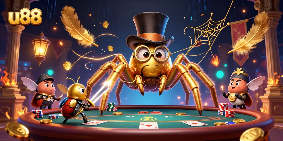 Play exciting poker at u88 with a golden tarantula and beetle knight in a rich casino scene.