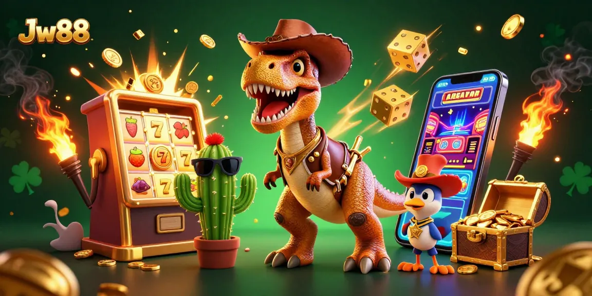 Spin to win at Jw 88 casino with a playful T-Rex, gold coins, and slot machine excitement!