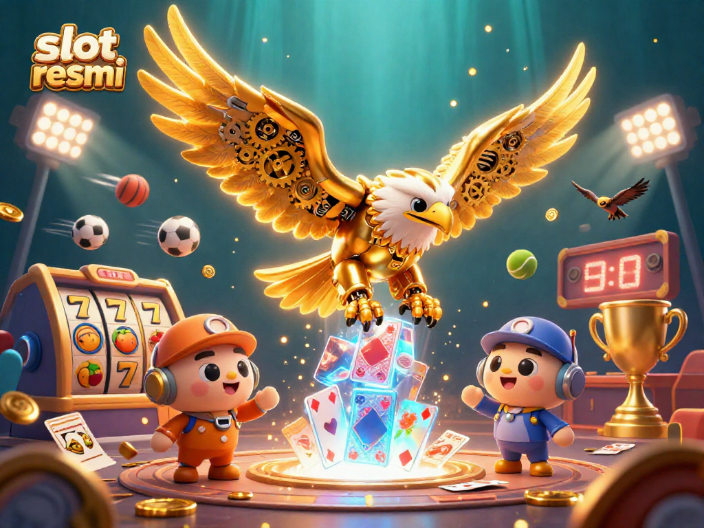 Slot resmi menghadirkan ilustrasi 3D menarik dengan simbol jackpot dan reel berwarna cerah.