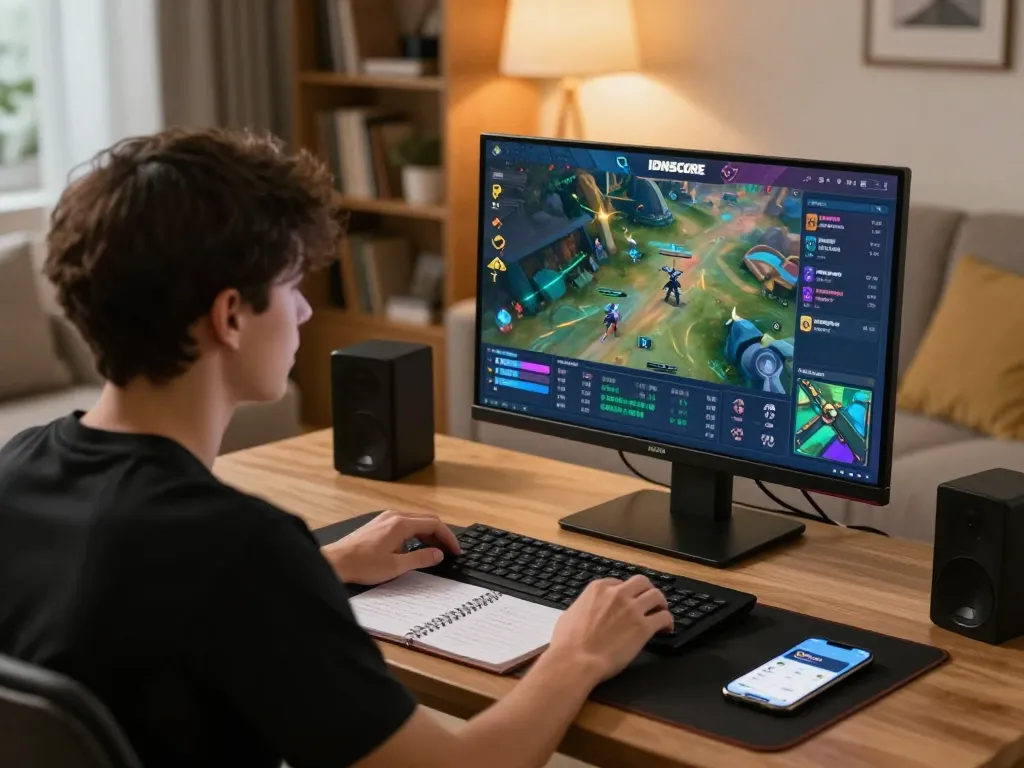 IDNSCORE online gaming scene with player focused on competitive tournament gameplay in cozy home setting.