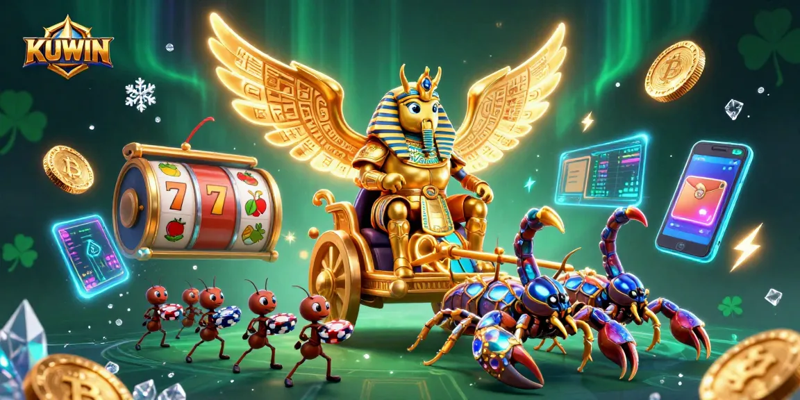 Engage with KUWIN as a gambling gaming platform, showcasing vibrant illustrations of casino scenes and dynamic game elements.