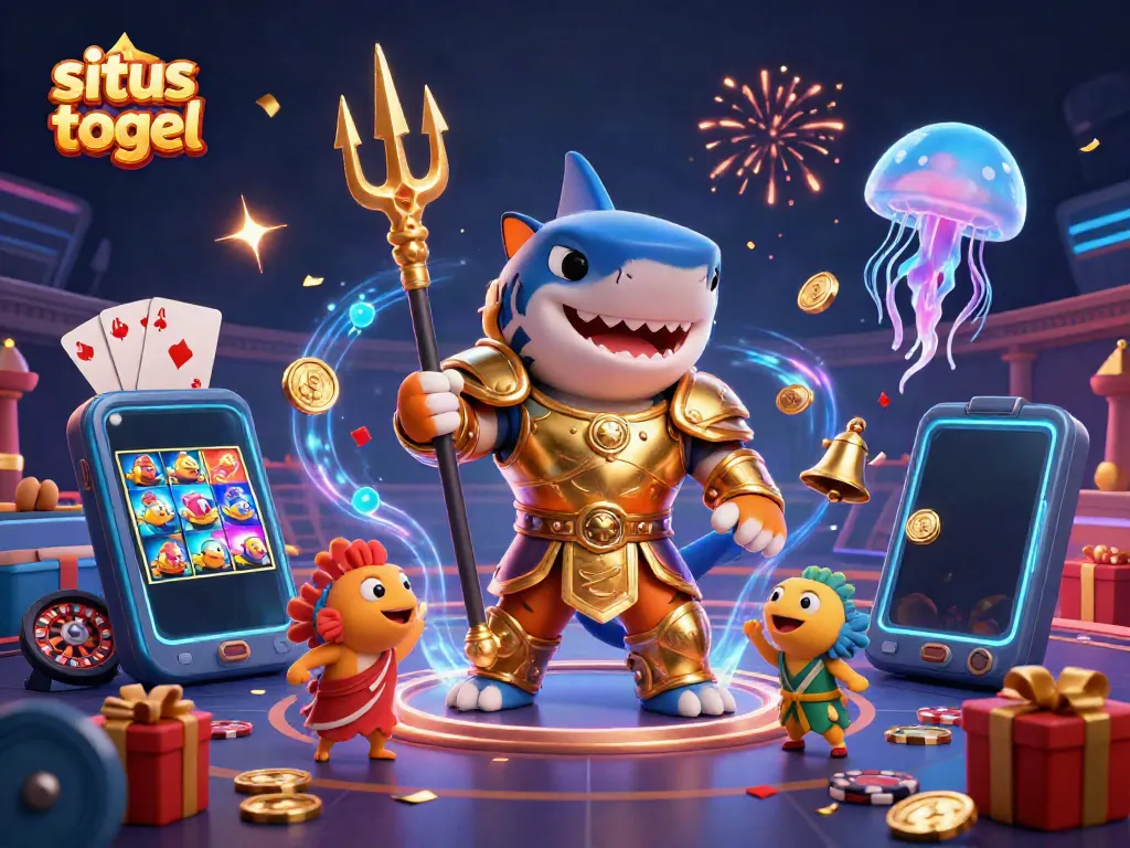 Experience the thrilling action of situs togel with a vibrant 3D scene featuring a shark gladiator and playful fish.