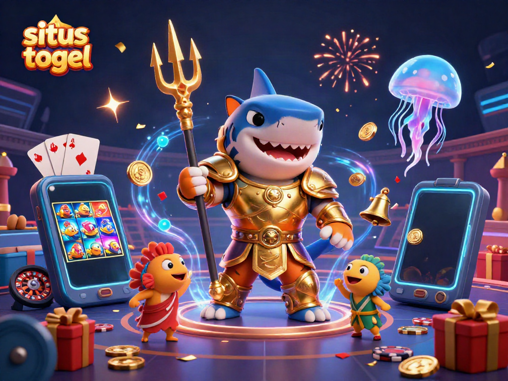 Experience the thrilling action of situs togel with a vibrant 3D scene featuring a shark gladiator and playful fish.