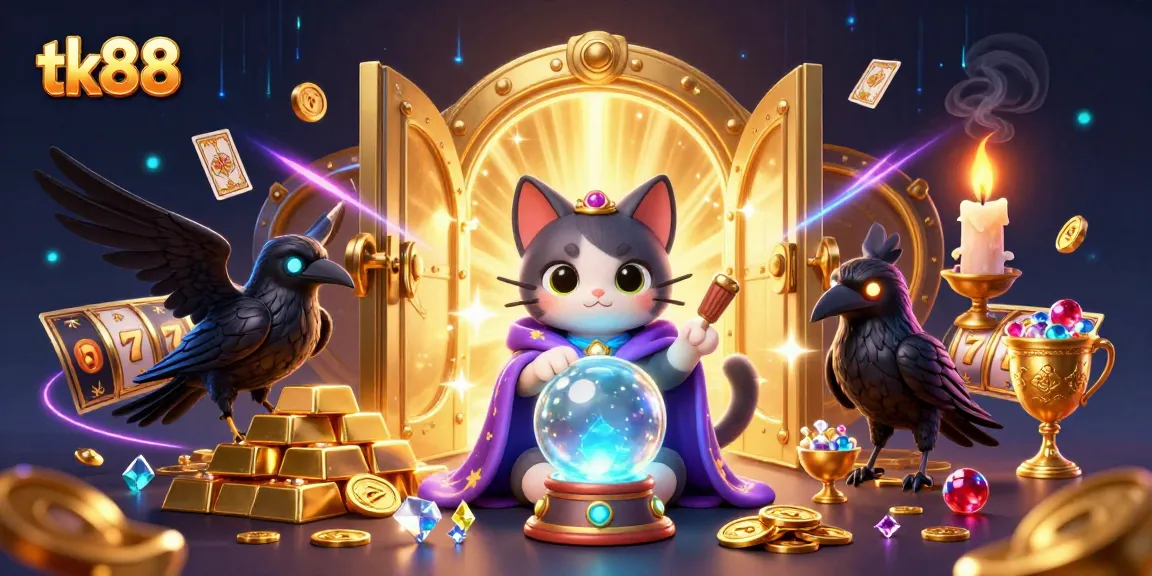 Spin reels and win big at tk88, featuring a mesmerizing scene with mystical characters and treasures!