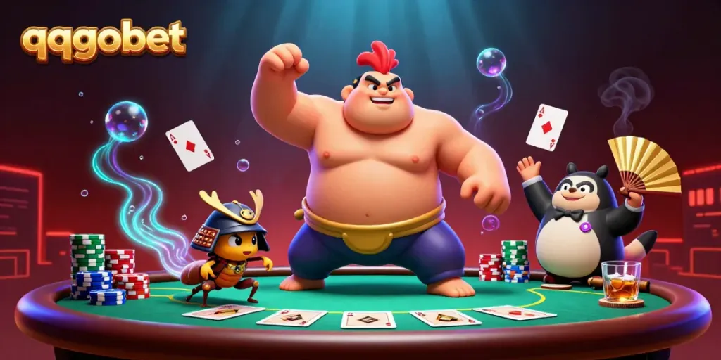 qqgobet menampilkan ilustrasi kasino dengan karakter menarik dalam latar belakang yang mengesankan.
