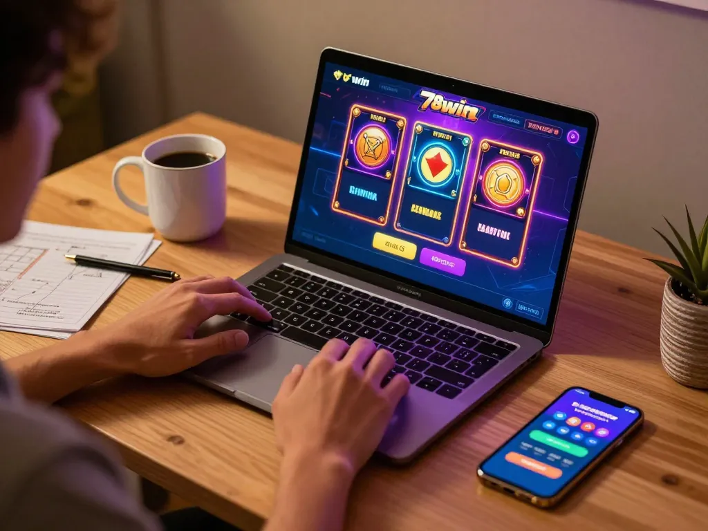 Playing slots online with 78win on a laptop, showcasing an engaging gaming session.
