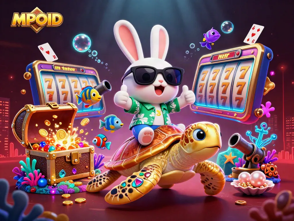 Win big with MPOID games featuring a lucky rabbit and golden turtle in a vibrant casino scene.