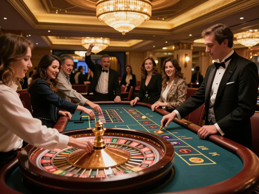 IDNSCORE players engaging and betting at a lively roulette table in an upscale casino.