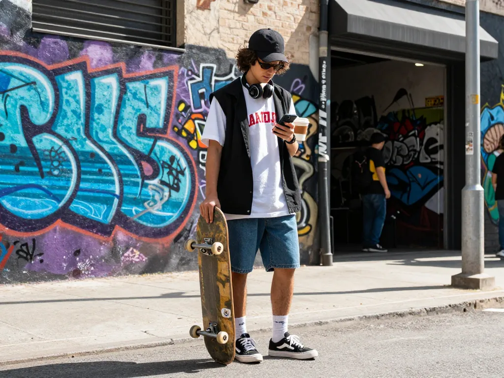 Youthful urban lifestyle scene featuring BANDIT69-styled streetwear with vibrant graffiti backdrop.