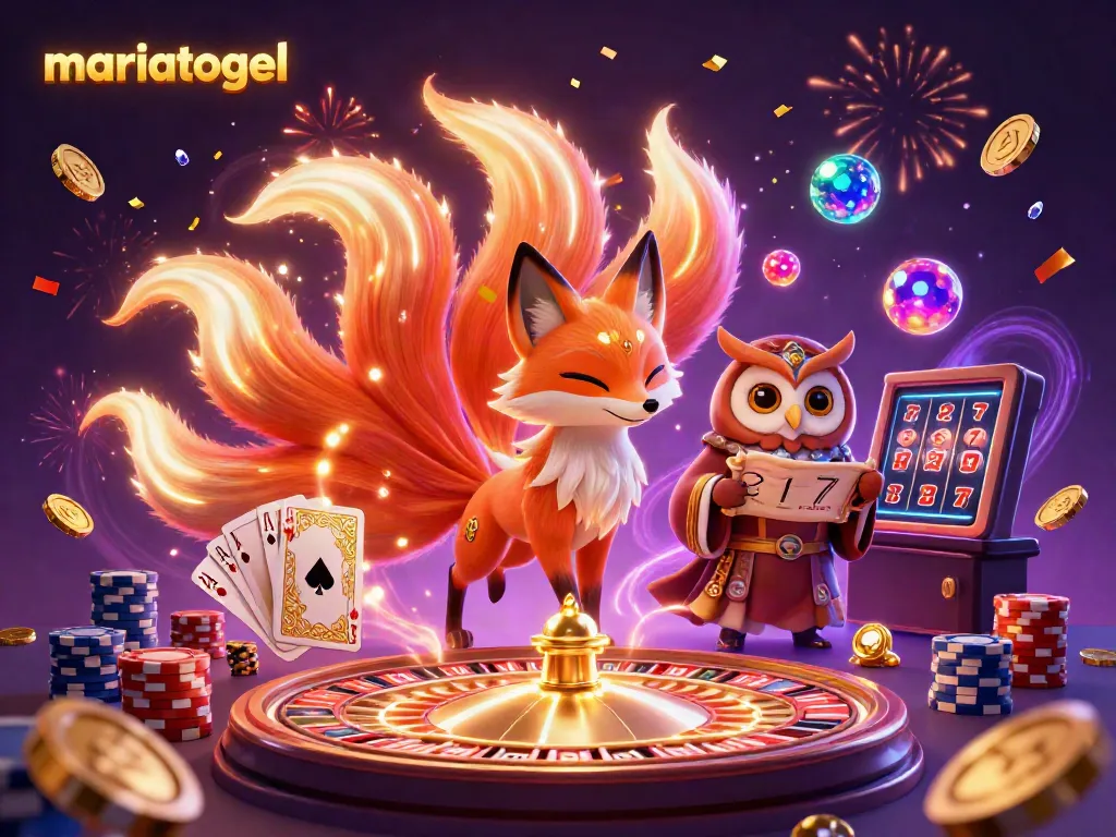 Engage with mariatogel's vibrant casino scene featuring a colorful fox spirit and owl amid sparkling gems and golden coins.