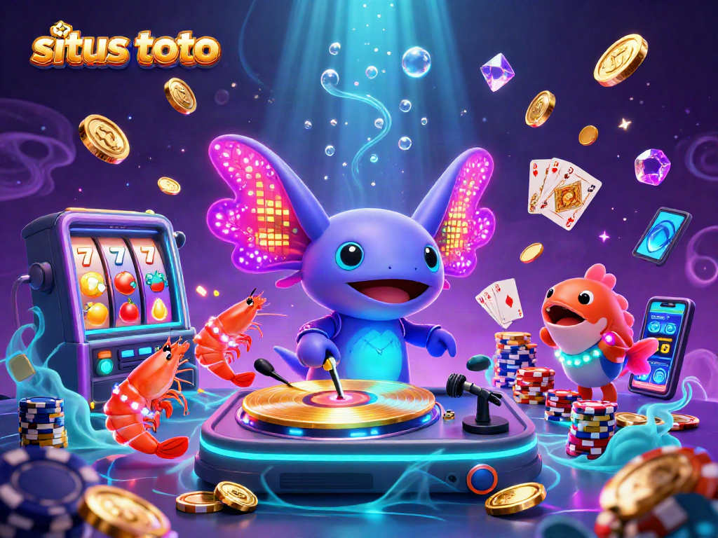 Ilustrasi 3D situs toto dengan karakter axolotl DJ dan krustasea menari dalam suasana kasino bawah laut.